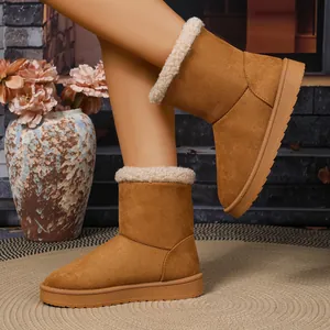 Warme pluche sneeuwlaarzen voor dames met bontkraag en antislip rubberen zool voor winter