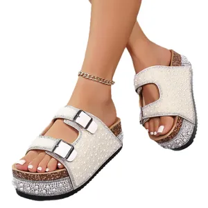 Elegant women's white platform sandals with pearls, rhinestones and double buckles