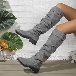 Stivali Cowboy al Ginocchio Slouchy da Donna in Camoscio con Fibbia Cintura Retro Western Tacco Largo Stivali Invernali Moda
