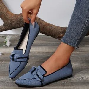 Women Fly-knit Pointed-Toe Flat Loafers Breathable Casual Bowknot Slip-On Shoes Lightweight Professional Office Dress Shoes