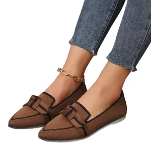 Elegant women's brown fly-woven loafers featuring a stylish bow and comfortable flat sole