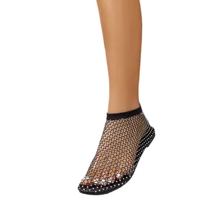 Sandales plates sexy en résille noire avec strass étincelants pour la mode d'été