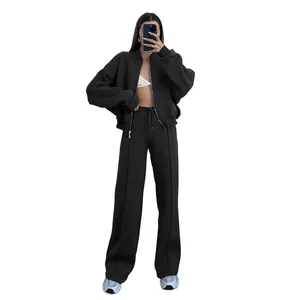 Femmes Décontracté Polyester Fermeture Éclair Sweat à Capuche Top And Bottom Sweat-shirt Ample Vêtements d'Extérieur Pantalon Large Lounge Wear
