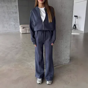 Elegantes Damen-Fleece-Trainingsanzug-Set in Dunkelgrau mit Reißverschlussjacke und Hose