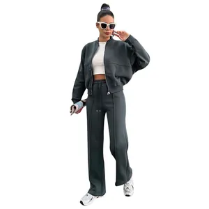 Survêtement deux pièces femme en polaire gris foncé avec veste et pantalon large