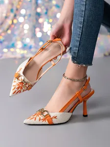 Pointed toe stiletto slingback sandals with orange floral embroidery and buckle