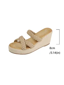 Detailed view of beige woven wedge sandals with 8cm platform heel measurement.