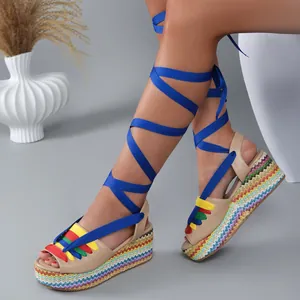 Stylish summer rainbow platform wedge sandals with elegant long blue ribbons for women