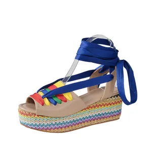 Stylish women's wedge sandals with rainbow espadrille platform and colorful ribbons