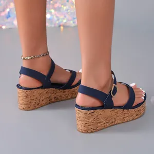 Sandales Compensées Femme Cuir PU Texture Liège Sandales Plateforme Boucle Cheville Talon Haut Sandales de Plage Été