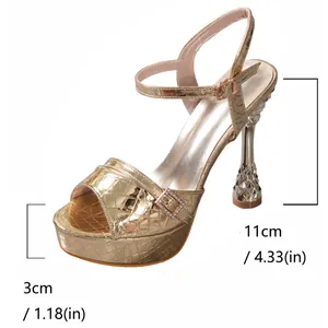 Elegant gold ankle strap sandals with 11cm wine glass heel and 3cm platform for banquet