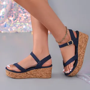 Sandales compensées bleu marine pour femmes avec plateforme en liège et bride d'orteil