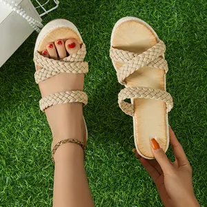 Women's Casual Linen Woven Wedge Sandals Fashion Thick Sole Platform Slippers Summer Outdoor Beach Slip-On Open Toe Shoes