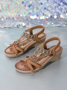 Bohemian brown wedge sandals with handmade beads, rhinestones, and butterfly charms