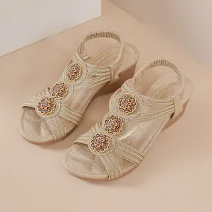 Women Wedge Sandals Bohemian Floral Beaded Rhinestone Platform Sandals Casual PU Leather Round Toe Elastic Band Sandals