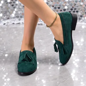 Retro dark green suede loafers for women with tassel detail and soft flat sole