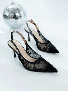 Elegant black lace pointed-toe stiletto heels with slingback strap for evening party