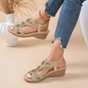 Gold summer wedge sandals with intricate bead decorations for women in casual setting
