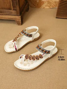 Bohemian ethnic style flat sandals with beaded rhinestones and a 2.5cm comfortable heel.