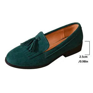 Elegant vintage dark green suede tassel loafers for women featuring 2.5cm comfort heel