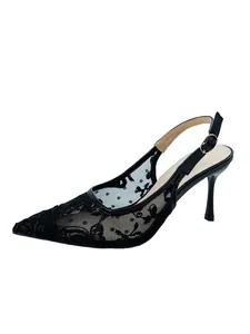 Elegant black lace mesh pointed-toe high heel slingback sandals with gold buckle