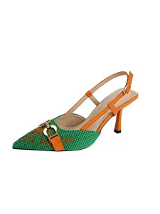 Elegant pointed toe orange and green slingback heels with decorative metal buckle and embroidery