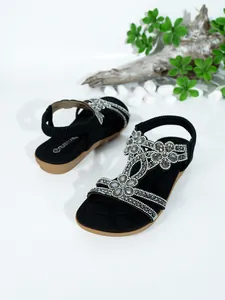 Bohemian flat sandals with rhinestone floral design and soft sole for beach wear