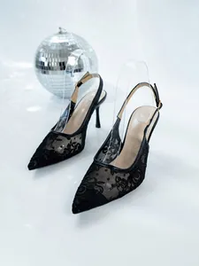 Close-up of elegant black lace mesh pointed-toe slingback high heels