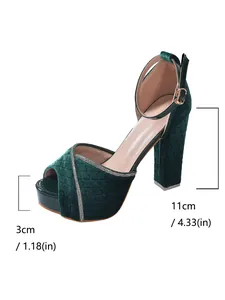 Close-up of green velvet platform sandal showing 11cm heel and 3cm platform height.