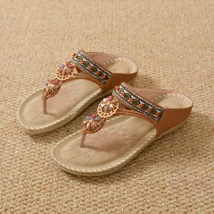 Bohemian flat sandals for women featuring colorful floral rhinestones and ethnic beads