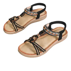 Bohemian women's flat sandals with retro handmade wooden buckle for summer beach