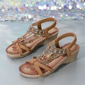 Bohemian brown flat sandals with rhinestone flower charms and elastic back strap