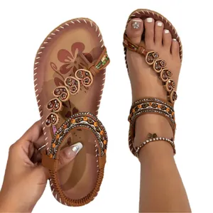 Bohemian beaded flat beach sandals for women with floral print insole and heart charms