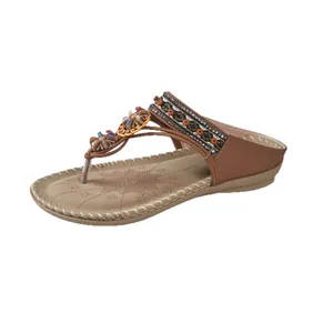 Bohemian flat thong sandals for women with floral rhinestone embellishments in brown