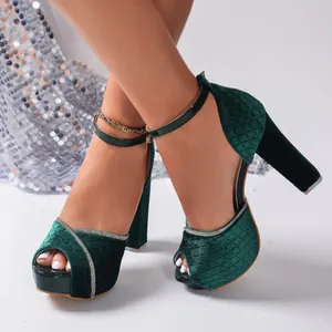 Elegant dark green velvet platform high heel sandals with rhinestone peep toe design
