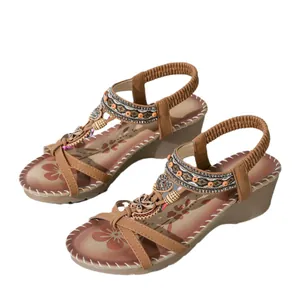 Bohemian wedge sandals for women with rhinestone flowers and braided elastic straps