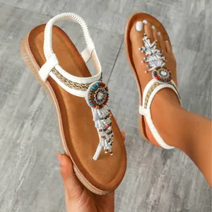 Bohemian Flat Sandals For Women Summer T-Strap Flip Flops With Colorful Beads And Tassels Elastic Back Strap Beach Shoes