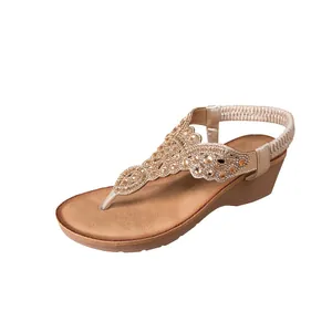 Elegant Bohemian champagne wedge sandals with sparkling rhinestone and beaded straps