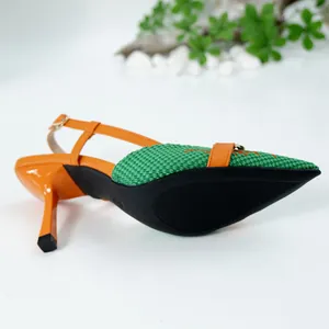 Vibrant green and orange slingback high heel sandals with woven texture and buckle.