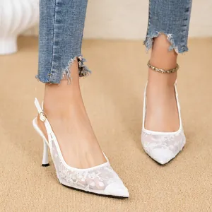 Elegant white lace mesh pointed toe high heel slingback sandals with buckle strap