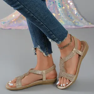Women Flat Beach Sandals Ethnic Style Rhinestone Cross Strap Casual Synthetic Leather Sandals Lightweight Non-Slip Summer Shoes