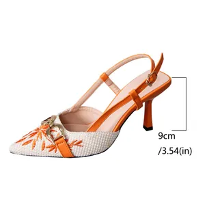 Elegant orange stiletto slingback sandals with 9cm heel and embroidered pointed toe