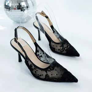 Elegant black mesh lace pointed-toe slingback high heels for formal gala banquets.