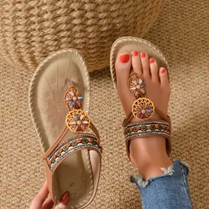 Women Bohemian Rhinestone Flat Sandals Ethnic Microfiber Beaded Embroidery Thong Beach Shoes Comfortable Summer Vacation Footwear Caramel