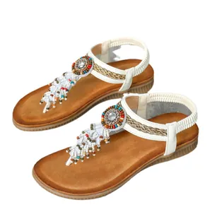 Stylish Bohemian flat sandals with colorful beads and white fringe tassels decoration