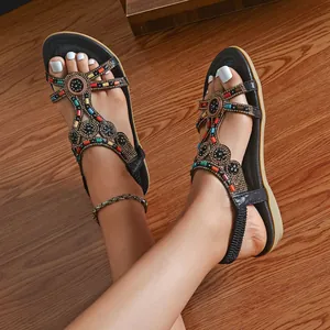 Bohemian ethnic style flat sandals for women with colorful beads and sparkly rhinestones