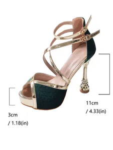 Close-up detail of green velvet stiletto sandal showing 11cm heel and 3cm platform heights