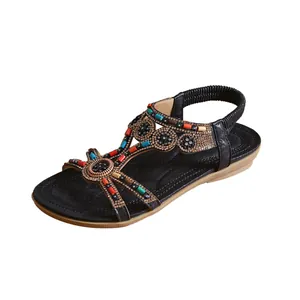 Bohemian ethnic flat sandals with colorful beads and rhinestones for women