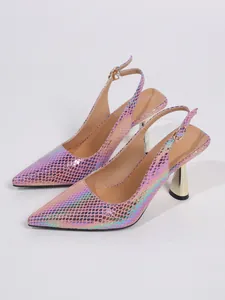 Detailed view of pink iridescent snakeskin pointed-toe slingback high heels.