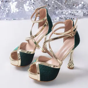 Elegant emerald green velvet and gold metallic cross-strap high heel sandals for parties